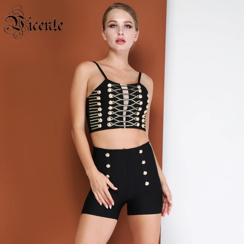 Женский бандажный костюм из двух предметов с золотыми кнопками без рукавов