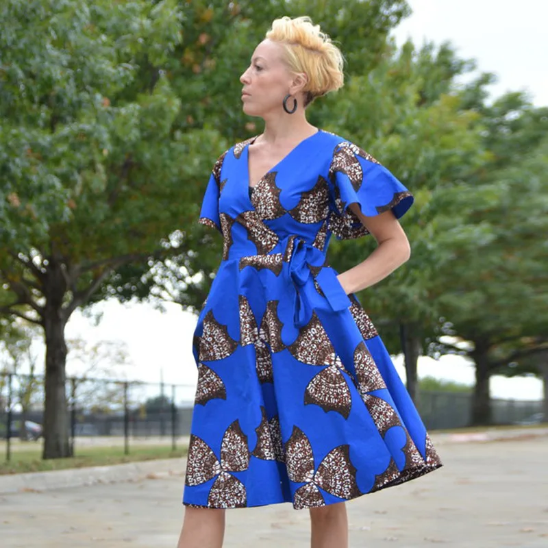 V-neck Women Printing Dress Vintage Summer Big Pockets Dresses | Женская одежда