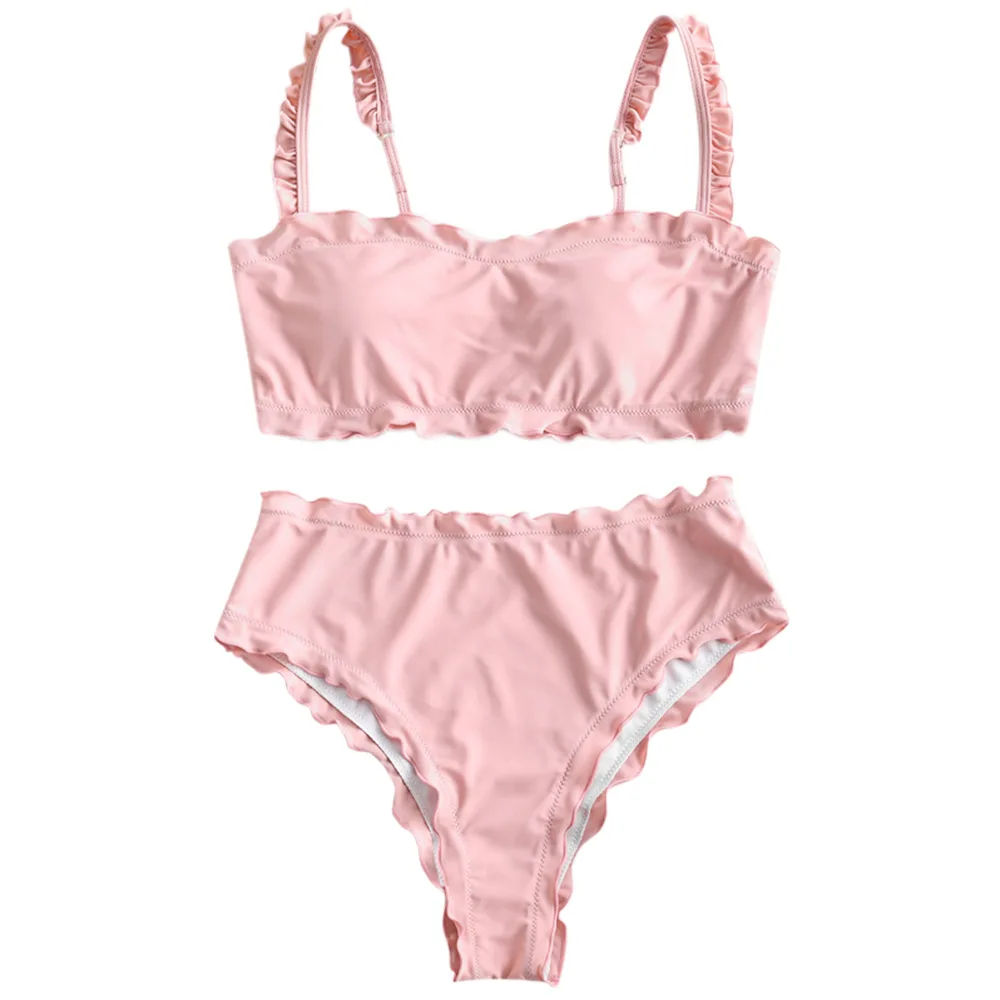 Pig Pink ZAFUL, бикини, салат, с оборками, с высокой талией, комплект бикини на бретелях, милый эластичный купальник с высокой талией, Одноцветный, милый купальник для женщин - Цвет: Pig Pink