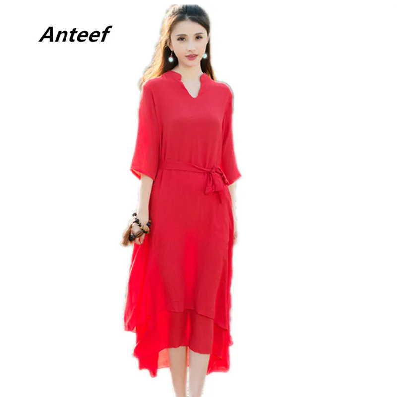 Женское винтажное Свободное длинное платье из хлопка и льна белого красного