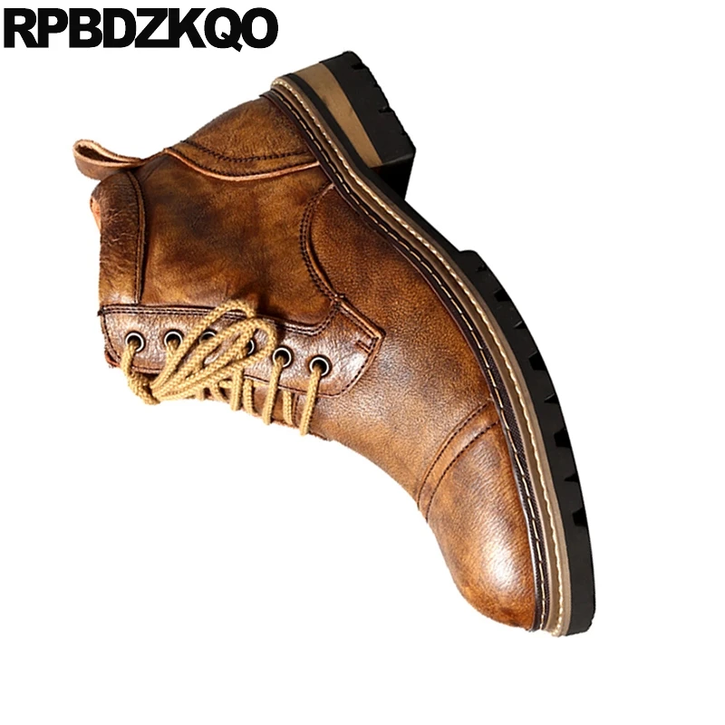 

Brown Designer Booties Handmade Working Men Full Grain Leather Boots Safety Genuine Ankle High Top Chunky Lace Up Shoes Work