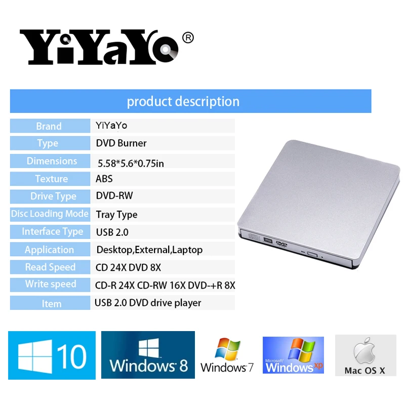 YiYaYo внешний флэш накопитель USB 2 0 VCD/CD/DVD плеер оптический считыватель тонкий