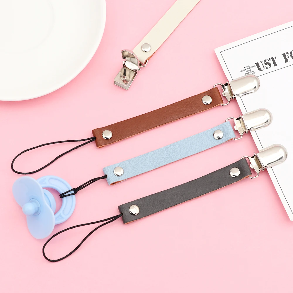 Leather Soother Nipple Holder Clasps Baby Short Pacifier Clip Chain Metal Dummy Clip Feeding For Baby Product Attache Sucette