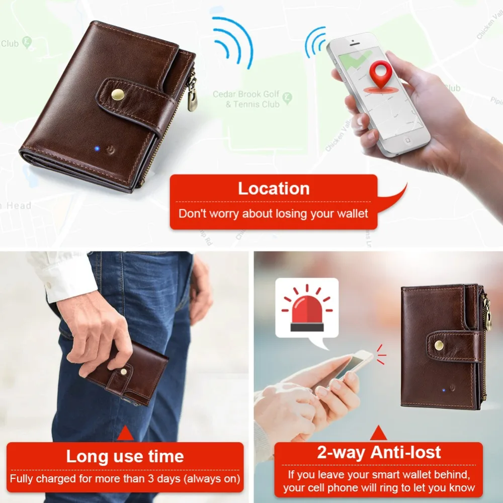 KAVIS Умный кошелек rfid натуральная кожа с сигнализацией GPS карта, Bluetooth сигнализация мужской кошелек высокого качества фирменный дизайн кошельки Walet