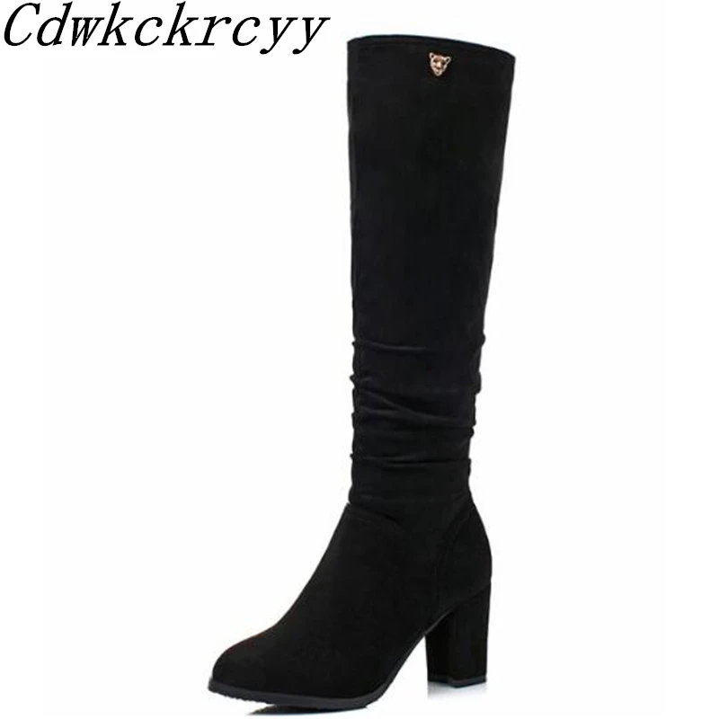 Women Boots Autumn and winter New style fashion Suede Round head Coarse heel knee length High Boots plus size 34-43
