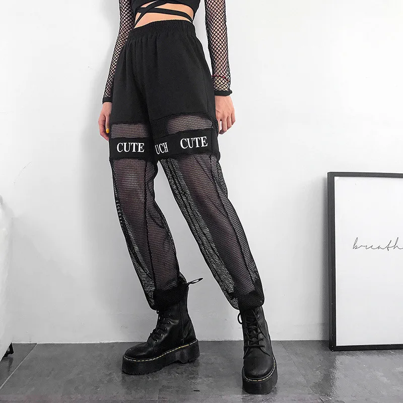 Новые Брюки Женская модная одежда черные с буквенным принтом сетчатые Лоскутные