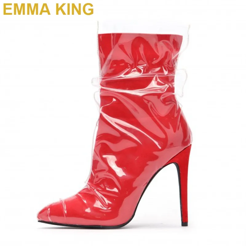

Brand New 2019 Women's Winter Boots Clear PVC Wrapped Red Pointy Toe Woman Ankle Boots Stiletto Thin High Heel Short Boots 35-43