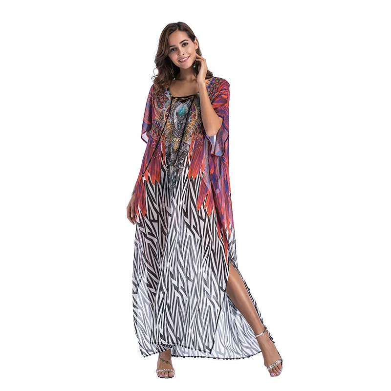 Vestidos Verano 2018 Summer Robe Femme Boho Open Loose Long Chiffon Batwing Sleeves V Neck Lepord Print Party Beach Dress W1010 | Женская