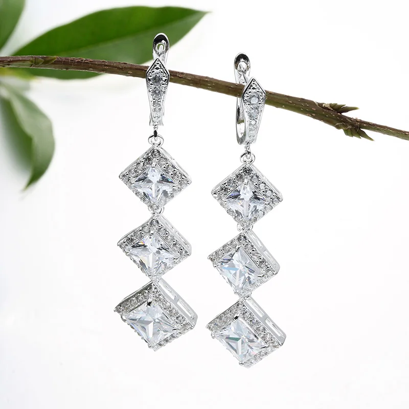 

Long Earrings for Women Fashion White Blue Three Square CZ Stone Crystal Dangle Drop Earrings Pendientes Jewelry L4E210