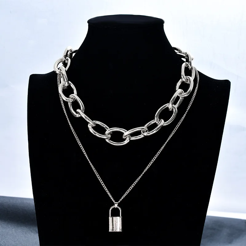 

Retro Street Multi-layer Lock Shaped Pendant Necklace Female Creative Punk Metal Sweater Chain Necklaces Charms Jewelry
