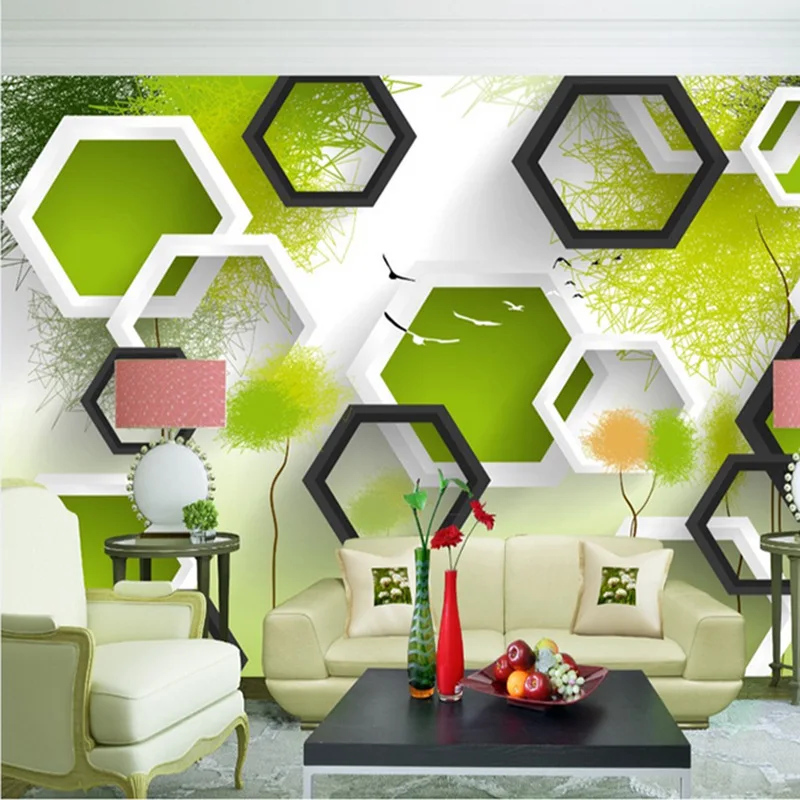 3D стерео шестиугольная большая роспись зеленые граффити бесшовные обои Гостиная