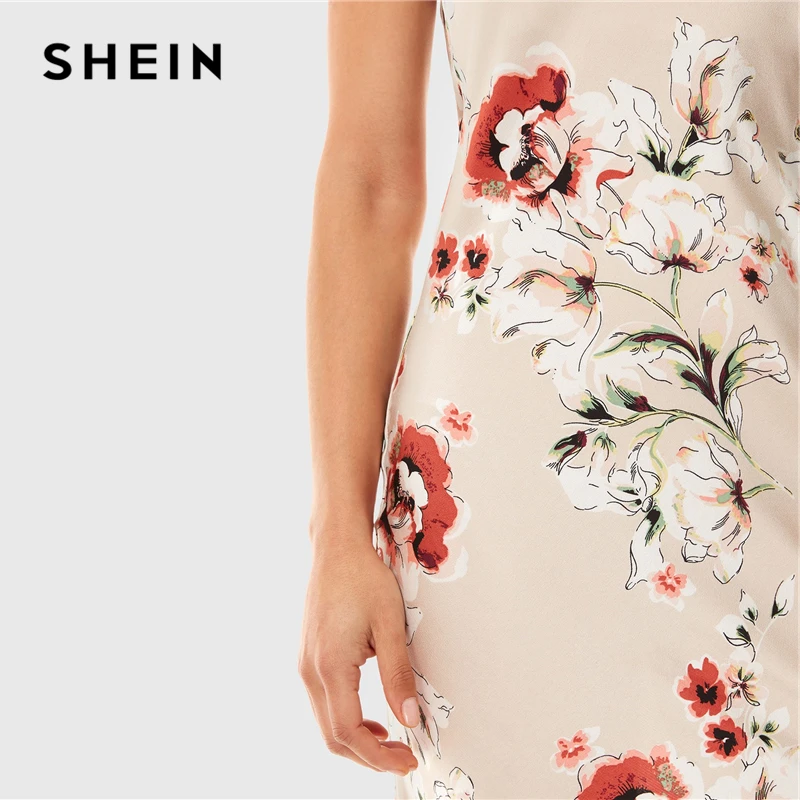 SHEIN абрикосовое Платье макси с перекрещивающимися ремешками и драпировкой сзади, с разрезом по бокам, с цветочным рисунком, сатиновое летнее женское платье на тонких бретелях, гламурные сексуальные платья-комбинация