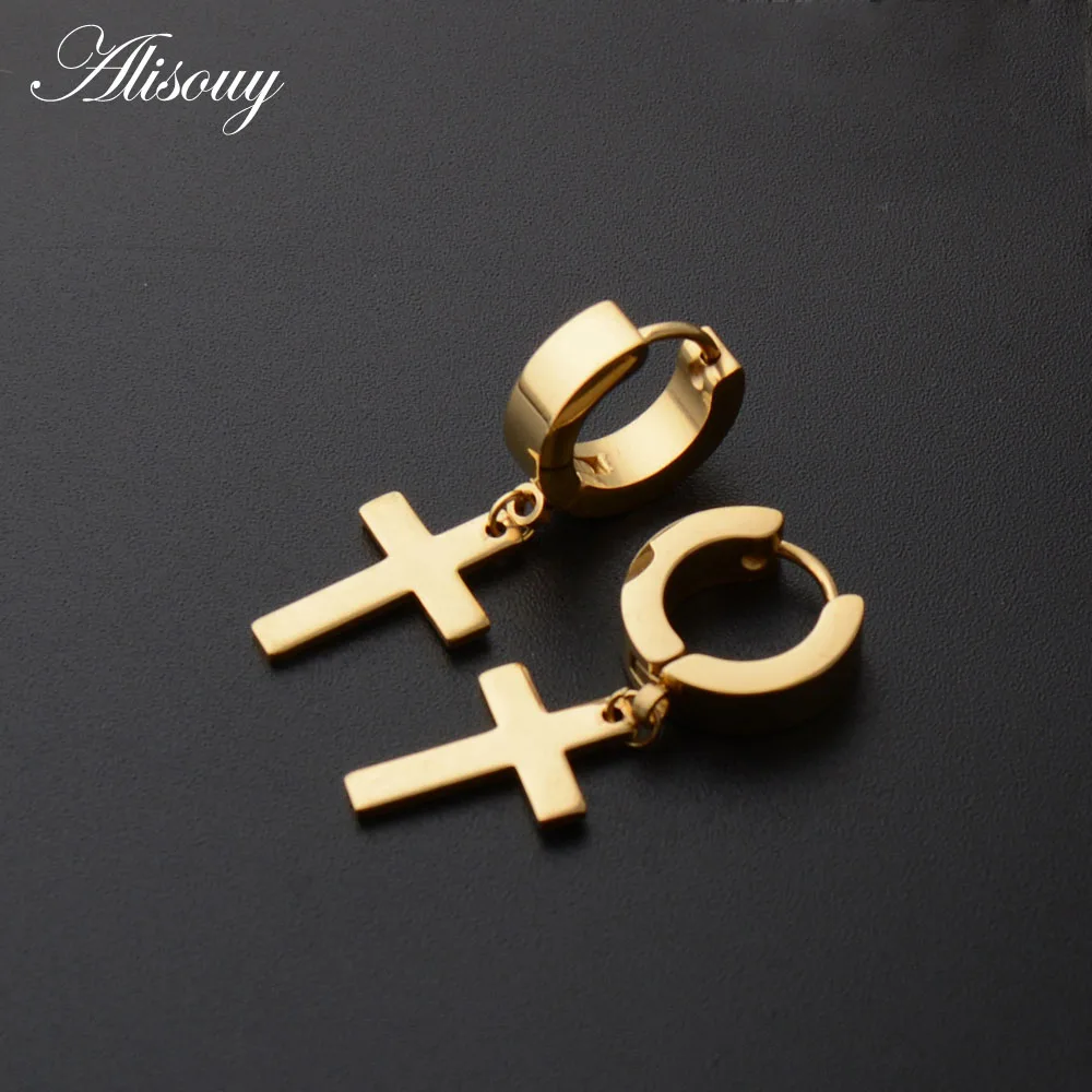 Pierced 9mm Gold Alisouy для мужчин и женщин из нержавеющей стали серьги-подвески в стиле панк крест Huggie серьги круг Простой ушной пряжки - Окраска металла: Pierced 9mm Gold