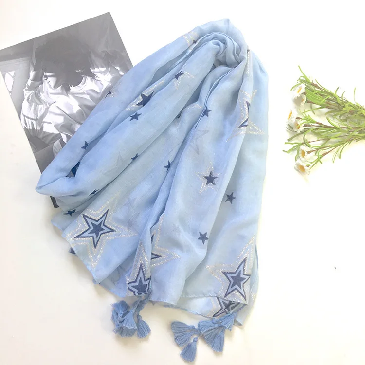

2017 New Star Print Silver Foil Tassel Scarf Shawls Women Voile Cotton Star Scarves Wrap Hijab 5 Color 10pcs/LOT Free Shipping