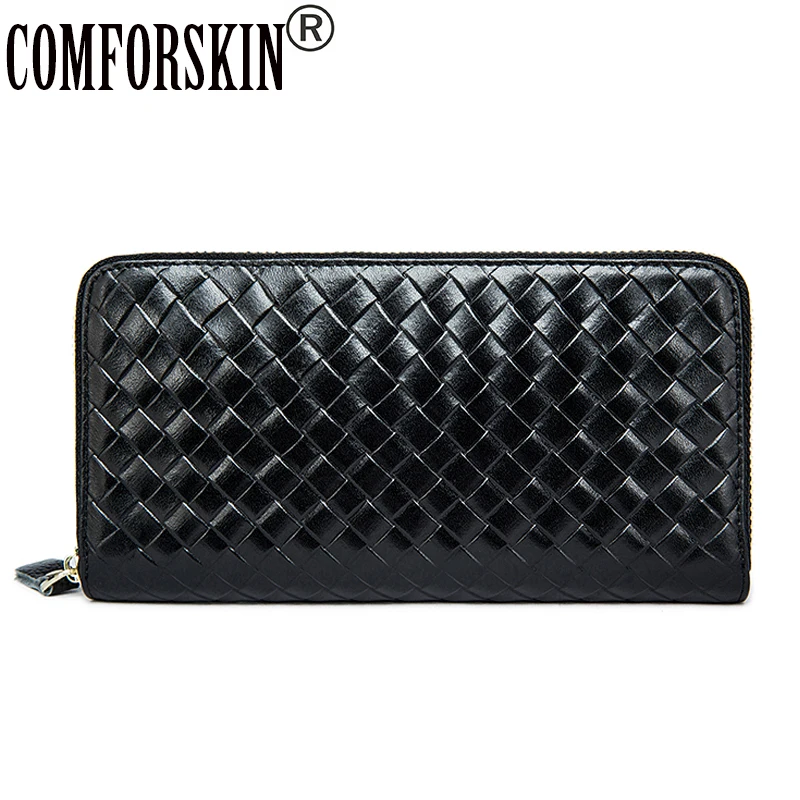 COMFORSKIN Премиум коровья кожа тисненая модная вязанная ткань узор Длинные Стильные мужские кошельки повседневные мужские клатчи на молнии