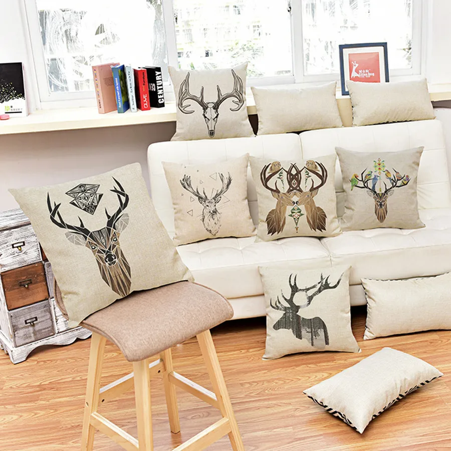Подушка с рисунком головы оленя хлопковая льняная декоративная наволочка для