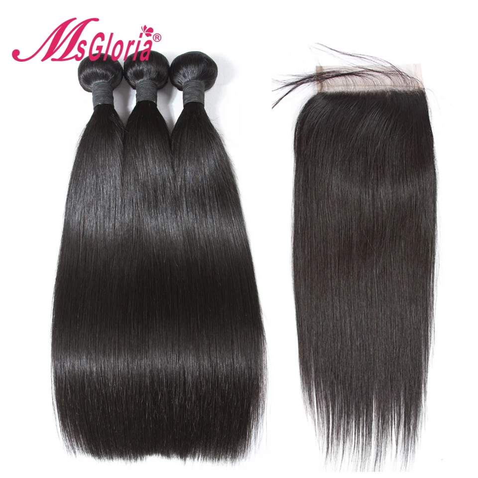 Бразильские волнистые пряди прямые волосы с закрытием натуральный цвет Remy 3