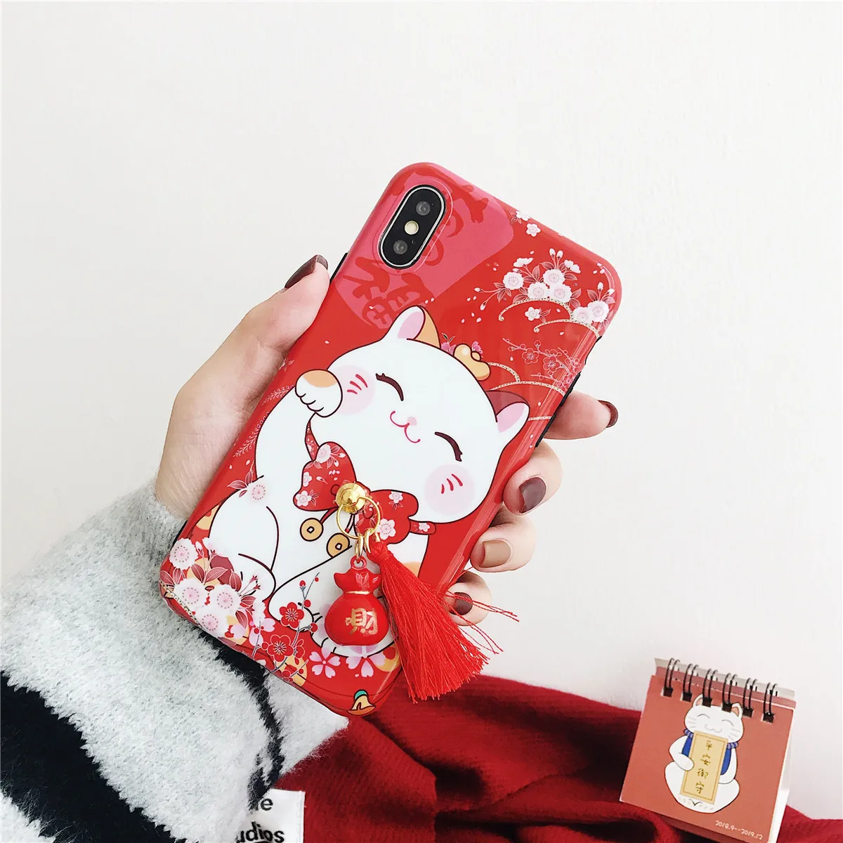 Applicable for iPhone Phone Case 6 Cute Kawaii Lucky Cat and Pendant Rope Soft TPU Back Cover cute animal |