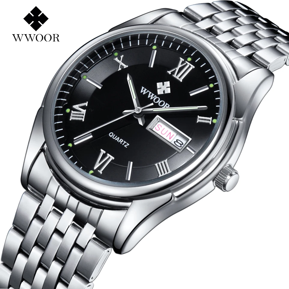 Мужские часы люксовый бренд день дата светящаяся серебро стальной ремешок