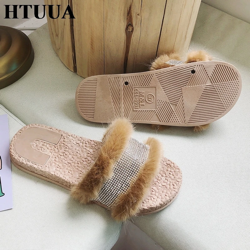 HTUUA/2019 г. летние женские шлепанцы ярких цветов со стразами пушистый меховой плед