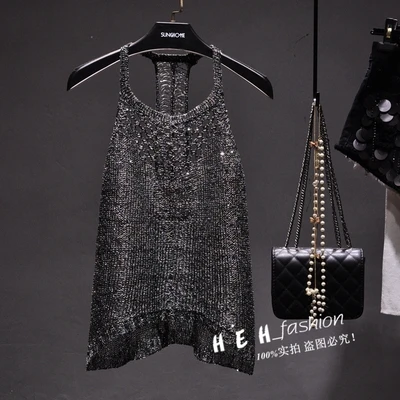 black silver Cakucool, летний топ на бретелях с золотым люрексом, женская сексуальная Трикотажная майка на бретелях с открытой спиной цвета хаки, блестящая майка с блестками, Женская майка - Цвет: black silver