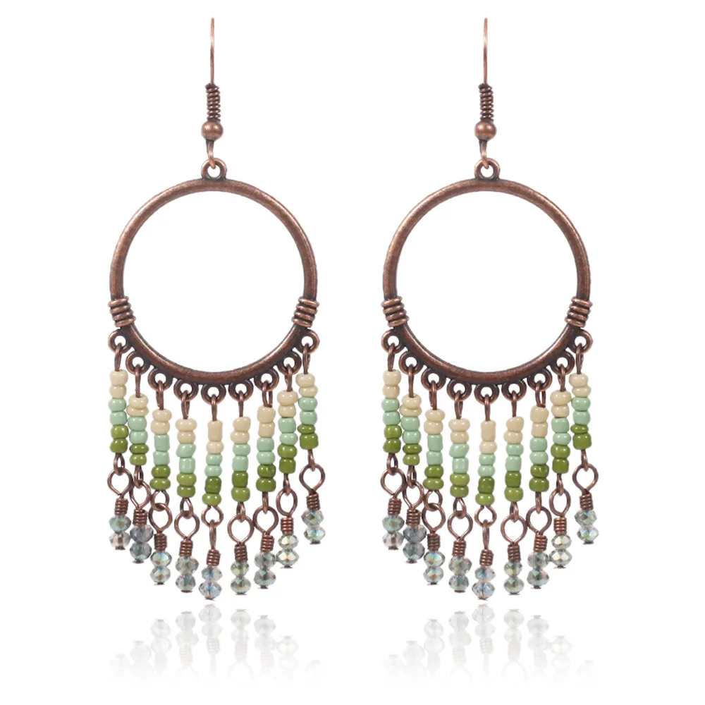 2019 Vintage Beads Earrings Women In Drop Green Simple Big Loop Tassel Fashion Jewelry For Girl Gift | Украшения и аксессуары