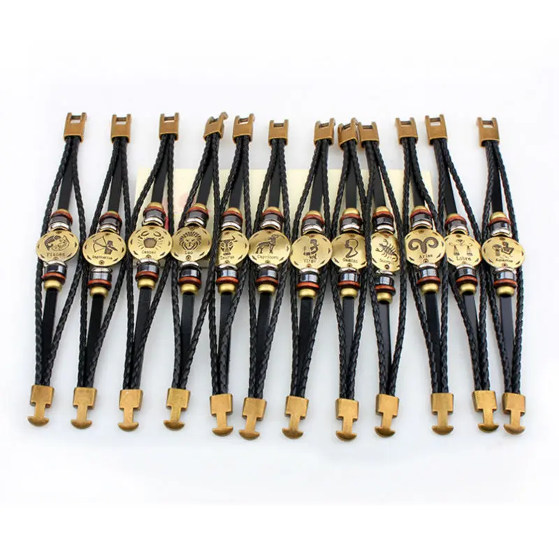 Новинка хит панк 12 созвездие браслет настоящий кожаный деревянный бисер + Черный