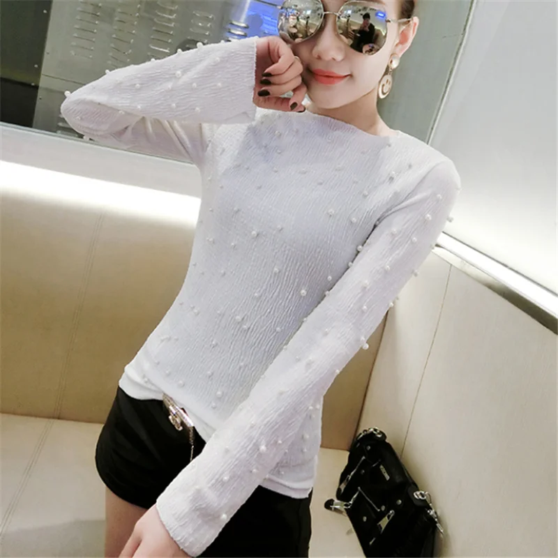 Vetement femme 2018 women's summer autumn bead Blouses Female pearl shirts white yellow Tops Beading Plus Size XXXL Long sleeve |