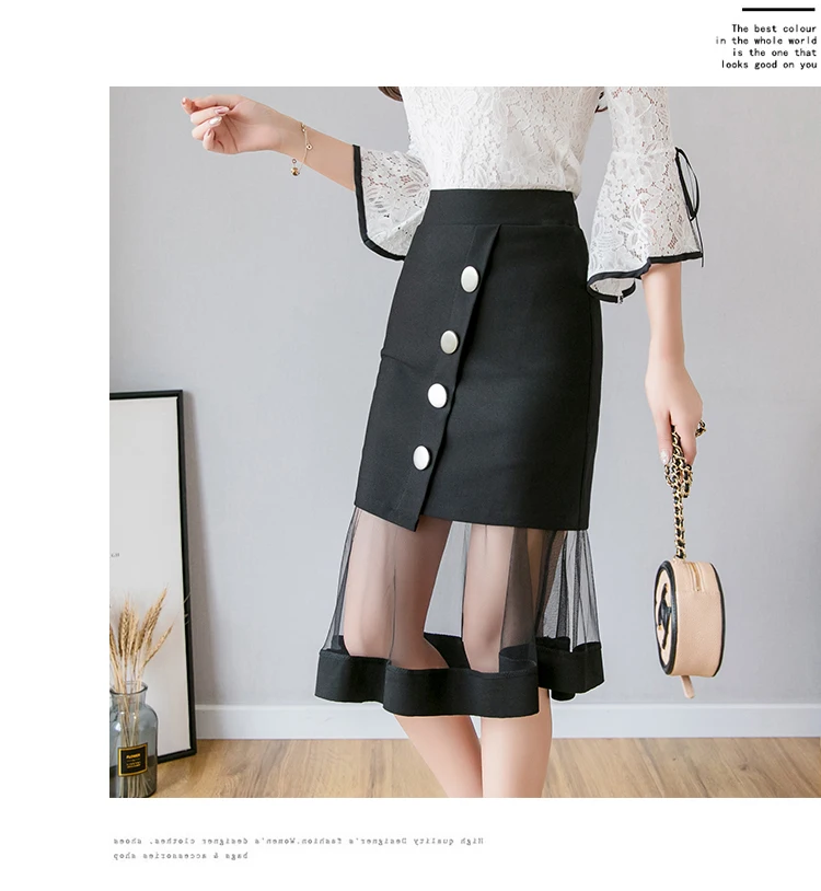 S-5XL New Women Skirt High waist Mesh patchwork Mermaid Skirt Slim Sexy Pencil Skirt Elegant button Office Ladies Skirts