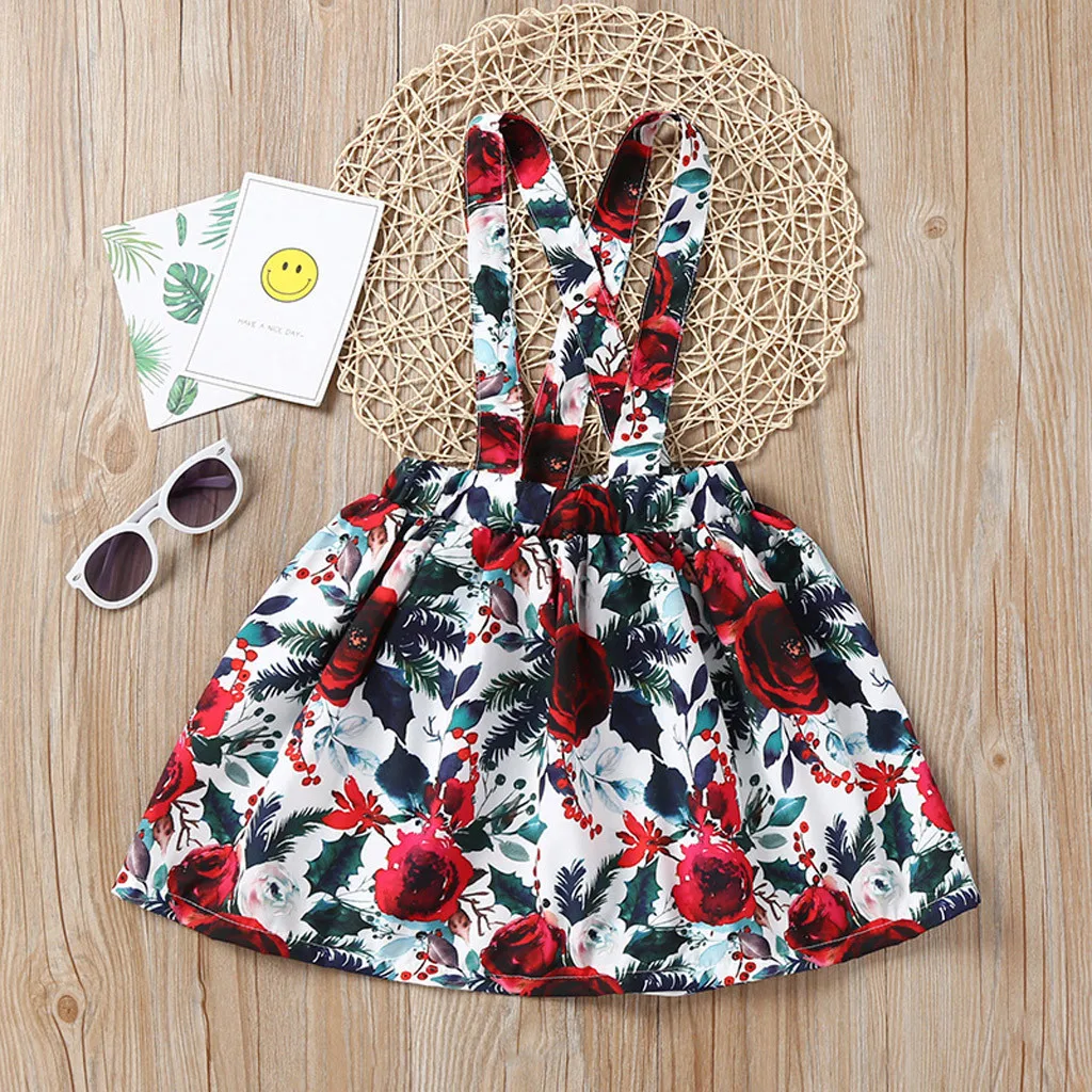 Футболка с цветочным рисунком для маленьких девочек топы юбка на подтяжках