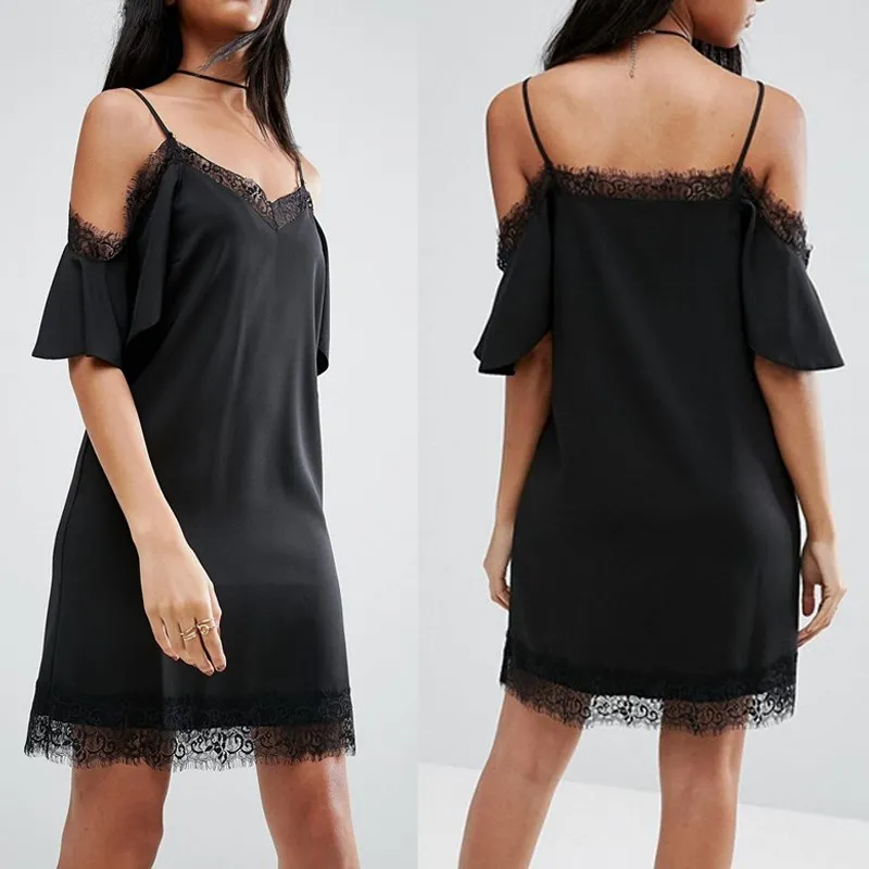 WOM Лето Cold Shoulder Dress 2017 Спагетти ремень короткий рукав Повседневное пикантные