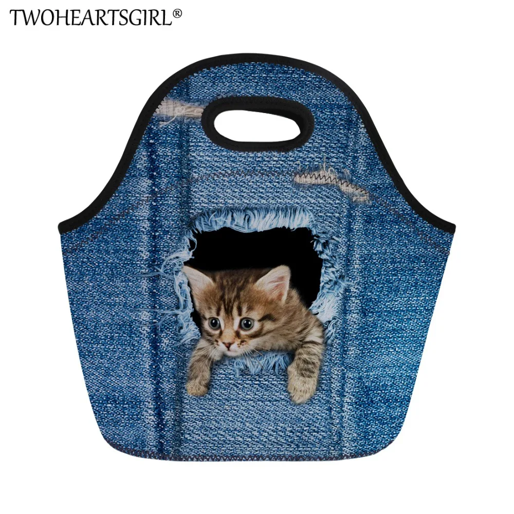 

TWOHEARTSGIRL Cute Denim Cat Lunch Handbag Thermal Insulation Lunch Bag for Office Women Thermo Women Kids Picnic Food Bags