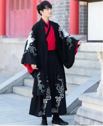 ManBlackCoatRedJacke Древняя династия Вэй Цзинь пары Hanfu одежда красный черный свадебное платье большое вечернее платье с рукавами Гуандун Вышивка Феникс - Цвет: ManBlackCoatRedJacke