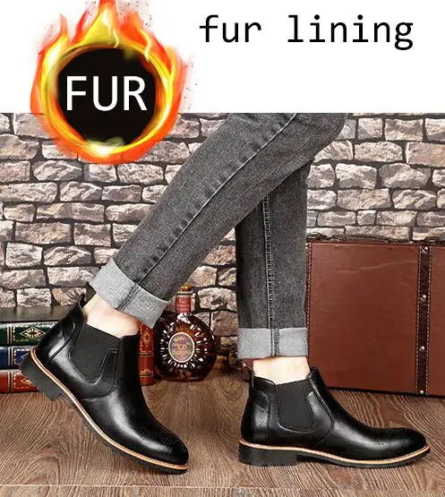 black with fur VESONAL осень зима классические ботильоны челси из натуральной кожи мужская обувь с мехом теплые винтажные мужские повседневные мотоботы - Цвет: black with fur