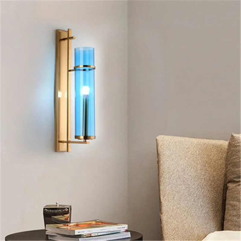 

Nordic Designer Art Gold Living Room Wall Lamp Creative Blue Glass Bedroom Bedside Lamp Creative Staircase Aisle Sconce Lighting