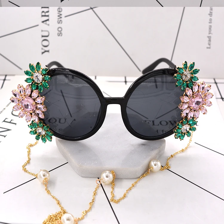 New Arrival Fashion Baroque Sunglasses Crystal Flowers Pearl Chain Decoration Summer Personalized Accessories | Аксессуары для
