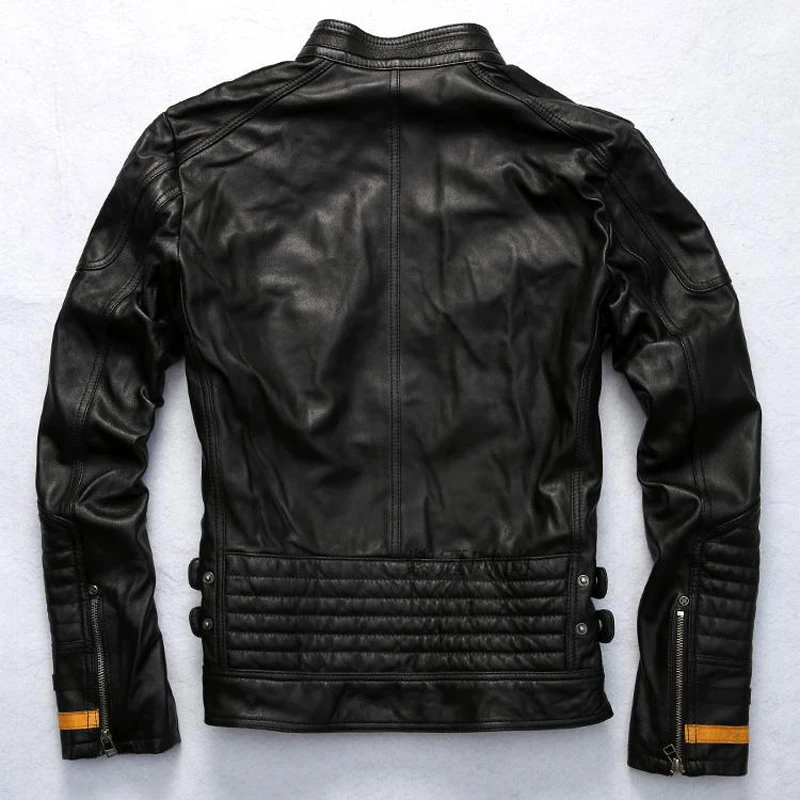 Мужская кожаная куртка с воротником стойкой мотоциклетная приталенная из 100%