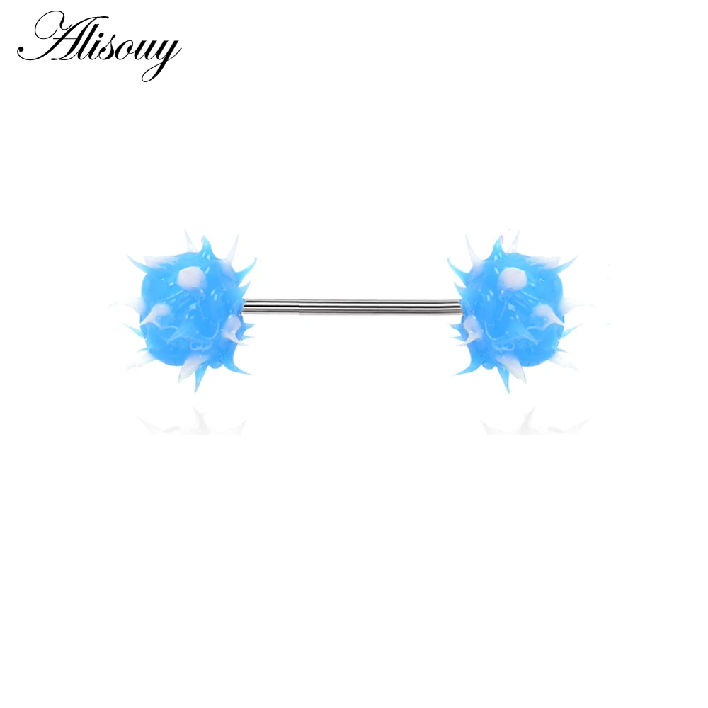 Blue-White Alisouy, 1 шт., силиконовый шарик, нержавеющая сталь, штанга для языка, кольца для сосков, штанга, женские сексуальные серьги для пирсинга, модные украшения для тела - Окраска металла: Blue-White