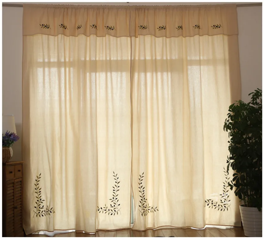 Кантри Стиль бежевый двойной Многослойные шторы топ из хлопка и льна вышитые