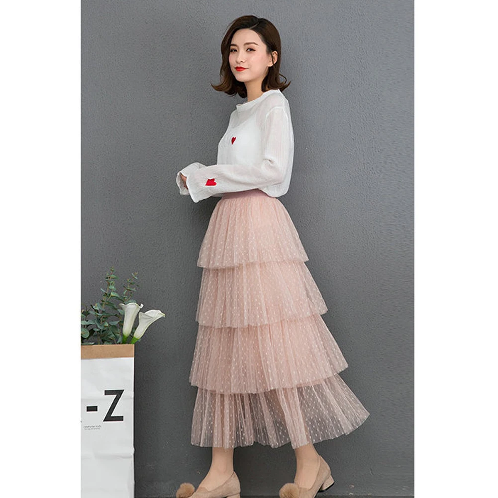 

New Fashion Autumn Winter Skirts For Women Polka Dot Lace Tiered High Waist Mesh Beach Long Cake Skirt Femme