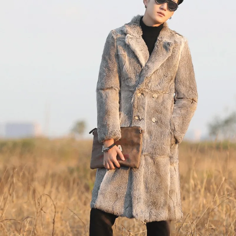 

Runway Men Genuine Rabbit Fur Overcoat Luxury Long Slim Real Fur Coat Business Casual Winter Double Breasted Shearling Jacket