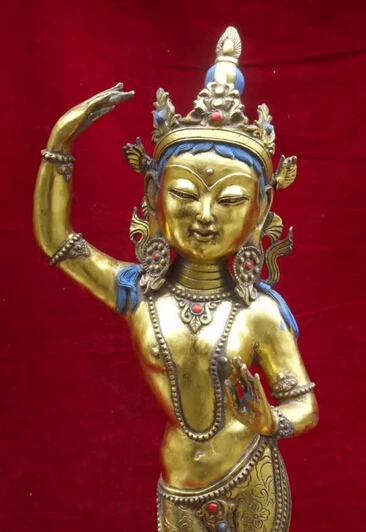 JP S0524 23 &quotКитайский Бронзовый позолоченный Dakini Vajrayogini стенд Kwan-yin Guan Yin Статуэтка