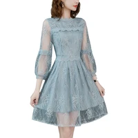 summer sky blue women fashion solid chiffon party dress 2019 new slim embroidered dresses with lace trim vestido female hj278