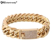 316l stainless steel punk miami curb cuban cz clasp bracelets lab bling iced out full gold mens bicycle chain wristband bangles
