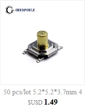 50 шт./лот 5,2*5,2*2,3 мм 12V 0.5A 4 Pin SMT нажимная кнопка металла переключатель тактильные микро, тактовый сенсорный выключатель Медь прерыватель