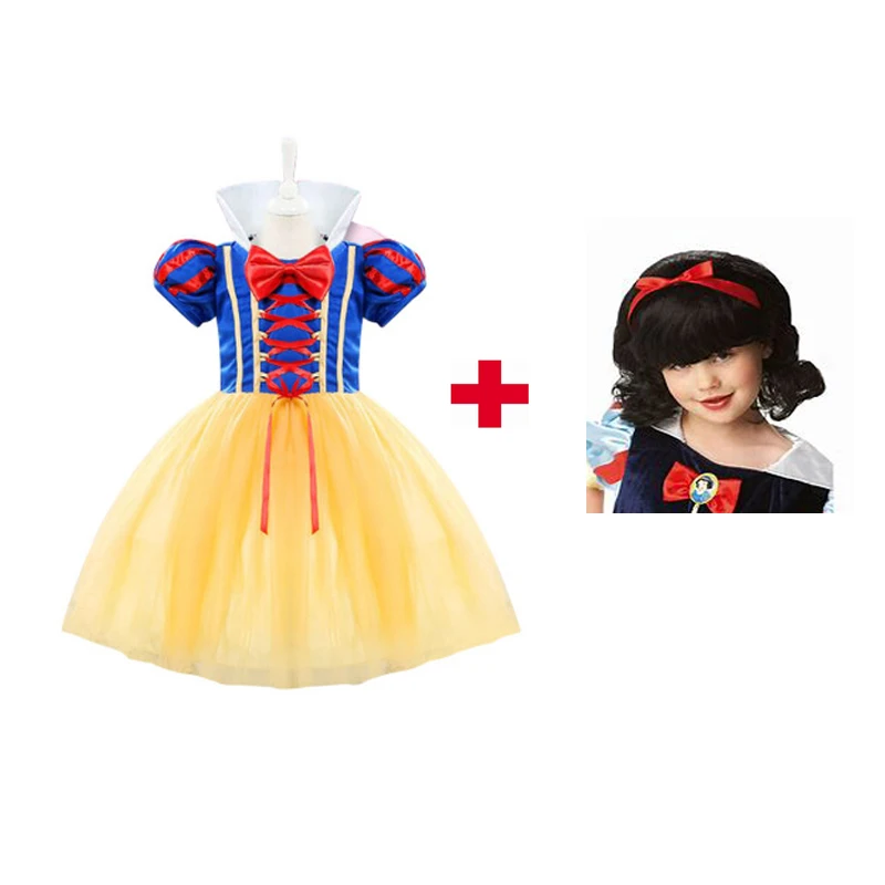 dress with wig Платье Белоснежки для девочек; Детский карнавальный костюм принцессы на Хэллоуин с париком; платье с рукавами-фонариками; нарядная одежда - Цвет: dress with wig