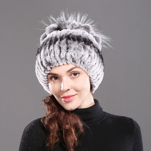 Горячая Распродажа Настоящий мех кролика Skullies Beanies шапки женские зимние теплые ручной работы вязаная шапка из меха кролика рекс с натуральным лисьим мехом шапка - Цвет: color 13