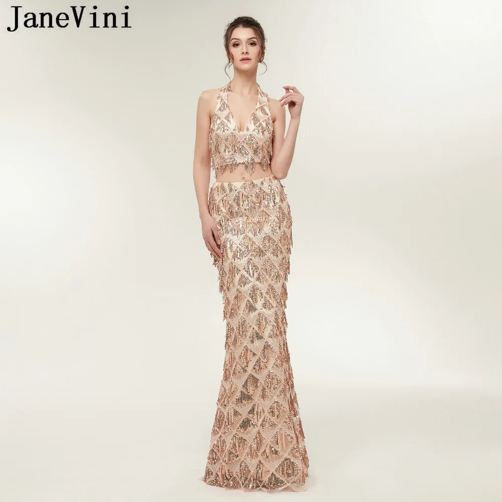 

JaneVini Sparkly Sequined Tassel Two Piece Prom Dresses Mermaid Halter Tulle Bridesmaid Dress Floor Length Formal Party Gowns