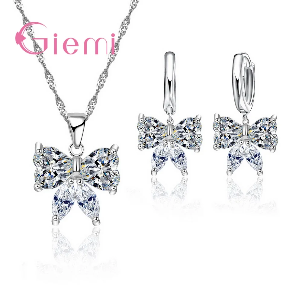 

Best Gifts for Women Lovers 925 Sterling Silver Jewelry Sets Cute Bowknot Necklace Earrings Set Women Crystal Bijoux