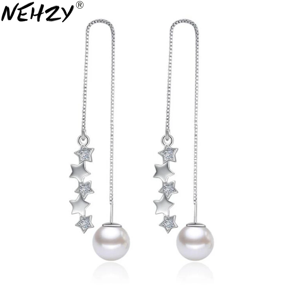 

Women's fashion brand exaggerated silver jewelry temperament long pearl earrings cute wishing five-pointed star meteor earrings